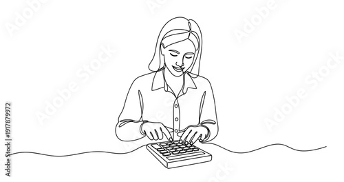 Young caucasian female accountant using calculator in office line drawing. No editable stroke