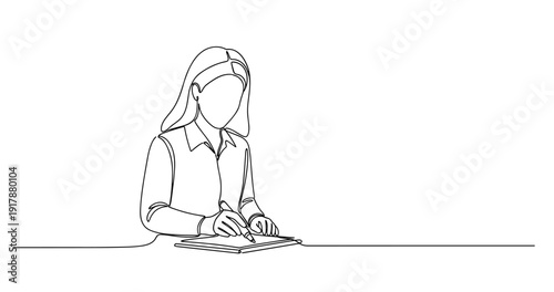 Line art of a person writing at a desk with tablet. No editable stroke