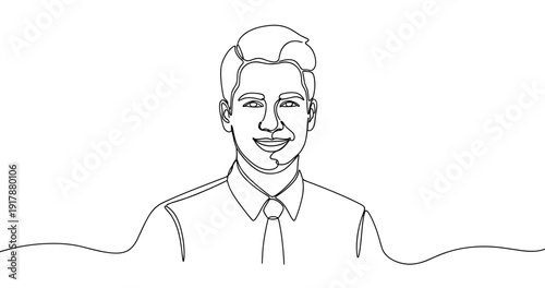 Smiling male line art portrait with headset. No editable stroke