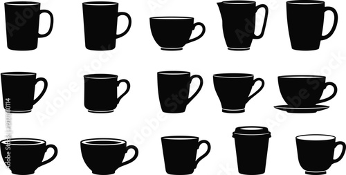 Silhouettes of diverse cups and mugs in various styles, including coffee mugs, teacups, travel cups, and beverage vessels, perfect for design, decor, and product concepts