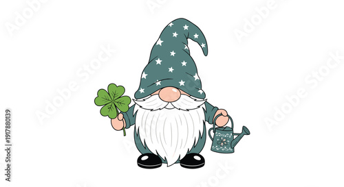 Friendly garden gnome holding a green four leaf clover and a small watering can brings good luck and charm to backyard gardening.