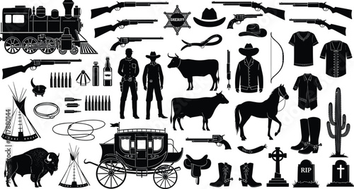 Silhouettes of American Wild West icons including cowboys, weapons, animals, transportation, and cultural symbols, representing frontier lifestyle, history, tradition, and Western heritage