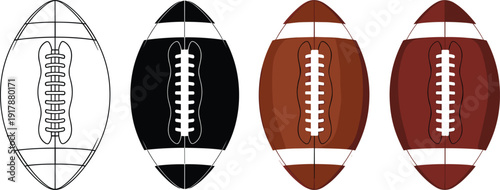 Four American Footballs In Outline Black Brown And White sport game