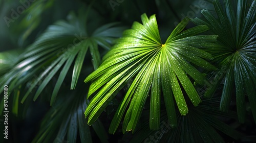 Abstract close-up displays green palm leaves with geometric natural patterns, deep shadows and highlights in a tropical texture.