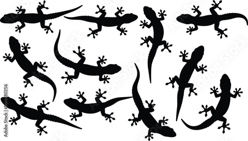 Silhouettes of geckos in diverse poses with distinctive tails, heads, and climbing limbs, representing reptiles, wildlife, animal behavior, and nature-inspired design concepts
