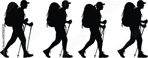 Silhouettes of hikers walking with backpacks and trekking poles, showing outdoor adventure, hiking motion, camping lifestyle, exploration, fitness, and nature travel activities