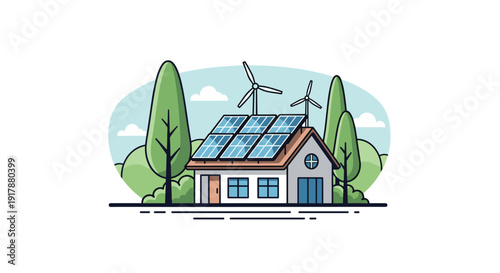 Ecological house in a wooded landscape features rooftop solar panels and wind turbines for a carbon neutral and sustainable lifestyle.