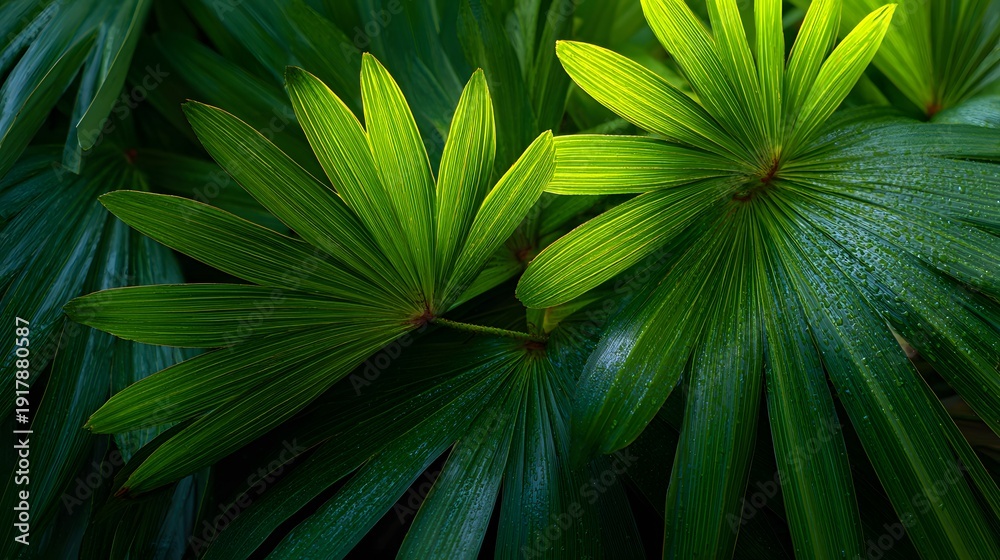 Fototapeta premium Abstract close-up displays green palm leaves with geometric natural patterns, deep shadows and highlights in a tropical texture.