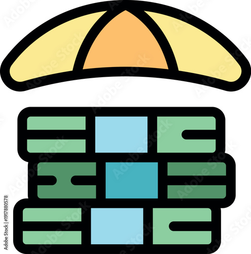 Stack of banknotes under an umbrella, symbolizing financial security, savings protection, and investment safety