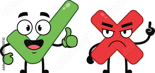 Happy Green Check Mark Giving Thumbs Up Next to Angry Red Cross vector illustration