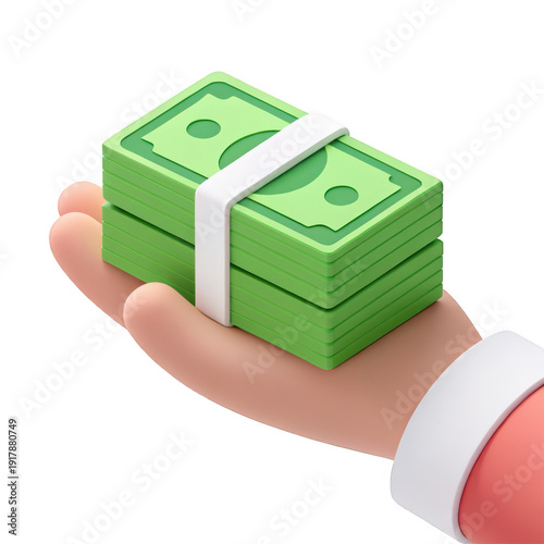 A hand holding stacks of green dollar bills representing wealth and financial success. isolated on white background