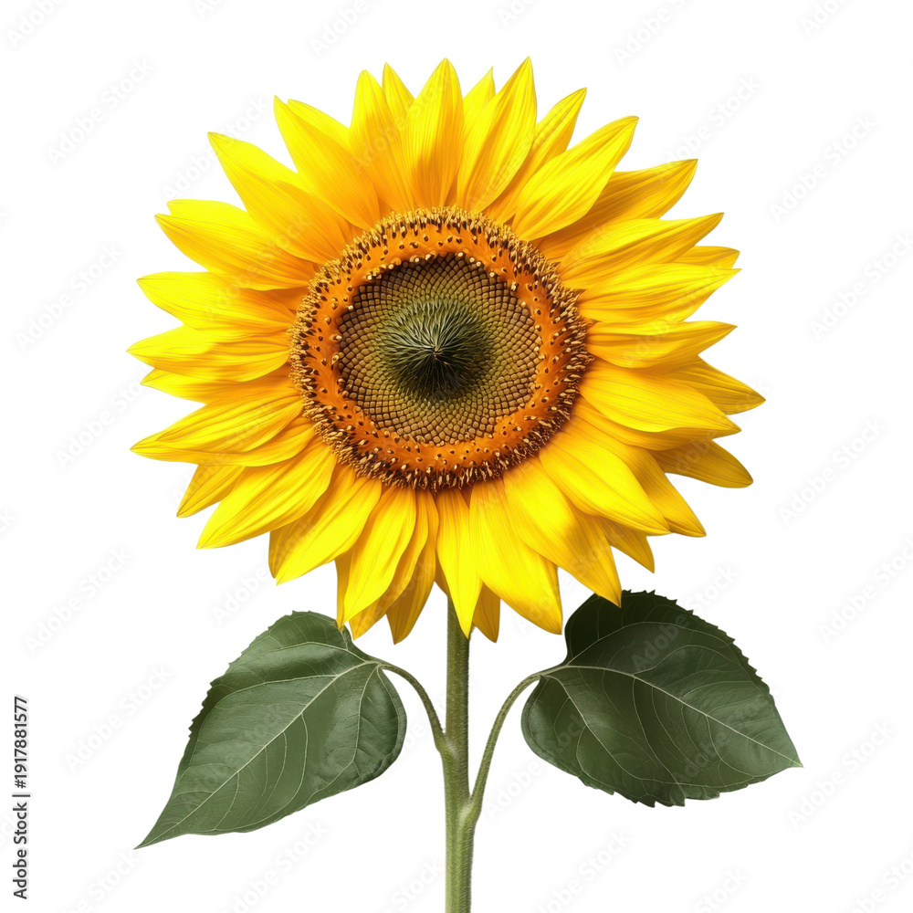 Fototapeta premium Sunflower with green leaves on clear background Isolated on Transparent Background PNG