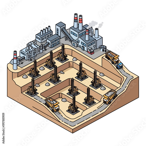 Isometric illustration of an open-pit mine with industrial equipment and infrastructure.