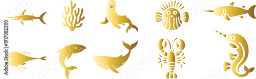Collection of various sea creatures in gold color