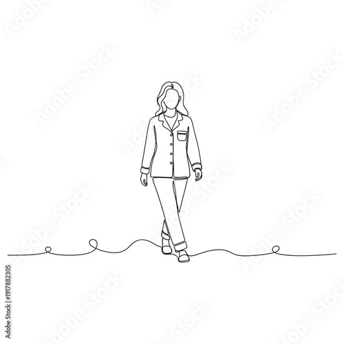 Continuous line art of young female in pajamas walking calmly. Non editable stroke