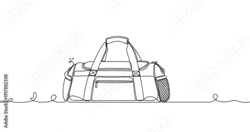 Continuous line drawing of sports duffel bag with pockets and strap. Non editable stroke