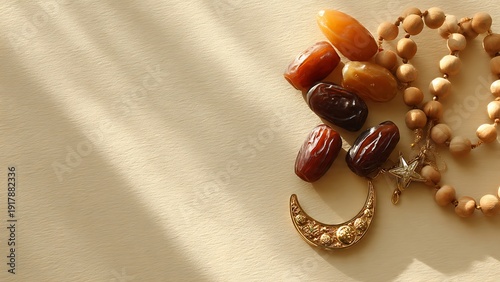 Serene iftar preparation scene with dates, tasbih, and crescent moon pendant on a minimalist flatlay