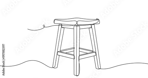 Minimalist single line drawing of a wooden barstool with wire detail. Non editable stroke