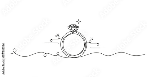 Elegant minimalist diamond ring line art design with sparkle effect. Non editable stroke