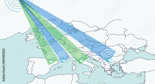 Global Connectivity and Data Transmission: Visualization of data transmission and global network with radiating beams projected across a detailed map, representing connectivity and communication.