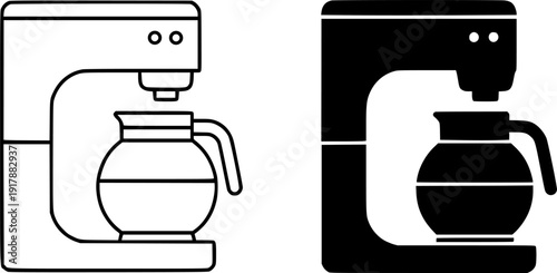 Beverage icon, vector illustration of coffee maker, black and white in outline and silhouette design style