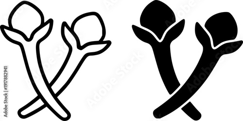 Spice icon, vector illustration of cloves, black and white in outline and silhouette design style