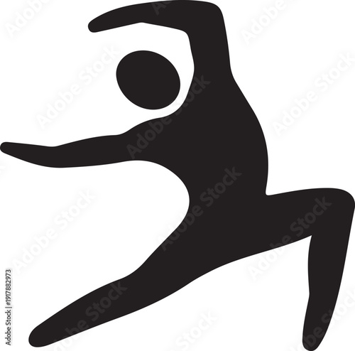 Dynamic Dancer Silhouette in Side Lunge, Black silhouette of a dancer performing a wide side lunge pose, isolated on white background, symbolizing movement, flexibility and modern dance.