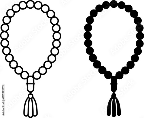 Islamic icon, vector illustration of prayer beads, black and white in outline and silhouette design style