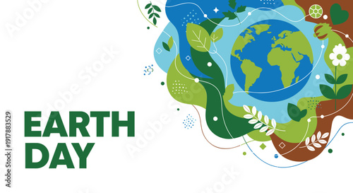 Earth Day eco friendly icon collection. Includes globe, leaves, flowers, and recycling symbols. Created in colorful style with green and blue palette.
