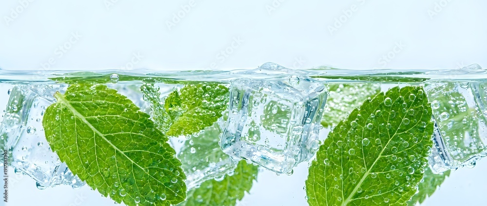 Fototapeta premium Fresh mint leaves splashing into clear water with bubbles creating refreshing beverage concept for summer drinks and natural cooling products.