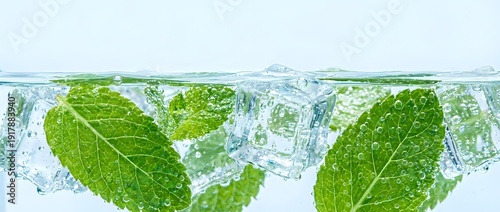 Fresh mint leaves splashing into clear water with bubbles creating refreshing beverage concept for summer drinks and natural cooling products.