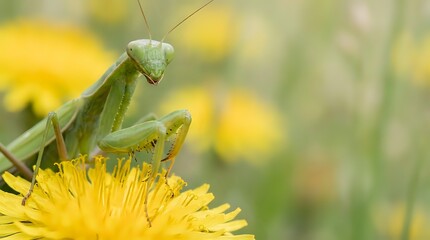 Green praying mantis perched on bright yellow dandelion flower in natural garden setting with soft bokeh background for nature and wildlife photography.