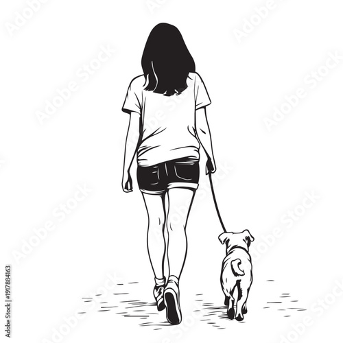 vector illustration of a girl leading a dog