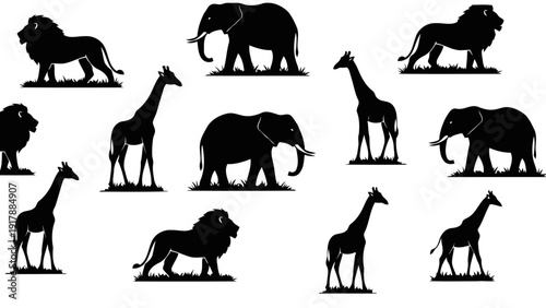 Seamless Safari Animal Silhouette Pattern Vector Elephant Giraffe Lion Stencil