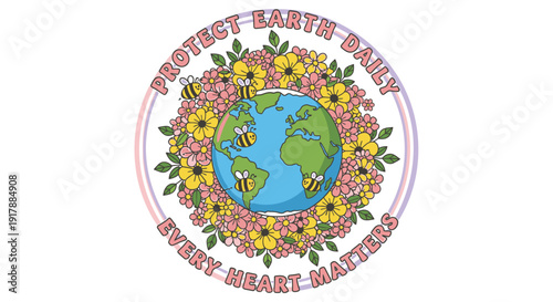 Environmental protection icon with floral wreath and earth, Protect Earth Every Heart Matters.