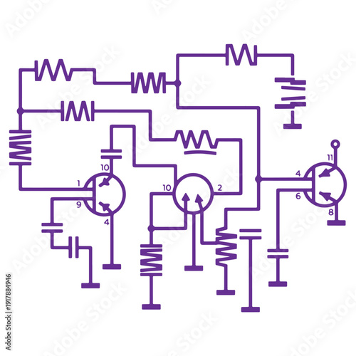 Complex electrical circuit diagram with resistors and capacitors isolated on transparent background for engineering and design projects