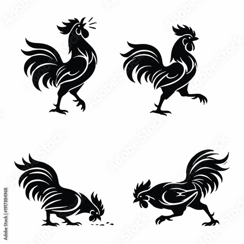 Rooster Chicken Poses Silhouette Vector Collection