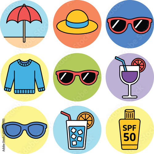Summer vacation essentials flat icon set featuring umbrella, sunglasses, sweater, cocktail, juice, sunscreen SPF 50 and hat in colorful circle backgrounds vector illustration