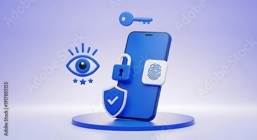 A blue smartphone with security symbols and icons representing protection and safety