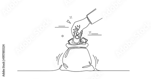 Hand placing money into bag: line art illustration of currency and savings concept. None editable stroke
