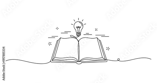 Minimalist continuous line art of open book with lightbulb symbolizing knowledge and ideas. None editable stroke