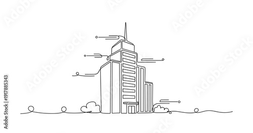 Modern skyscraper line drawing with minimalist design and high-rise architecture elements. None editable stroke