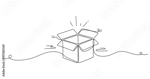 Open box with surprise elements – minimalist line art illustration. None editable stroke
