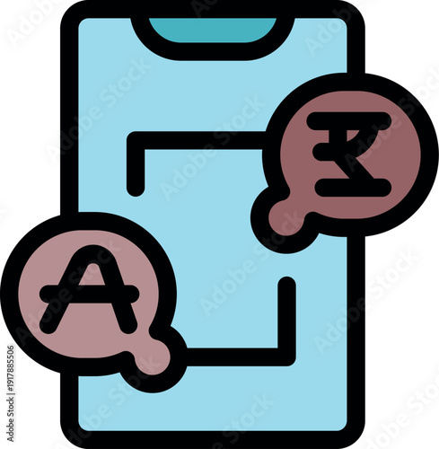 Mobile phone translating different languages using chat bubbles, concept of online translator app or service