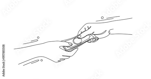 Black and white sketch of hands exchanging money. None editable stroke