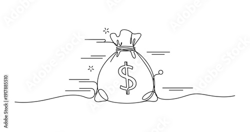 Outline drawing of a money bag with dollar sign and motion lines. None editable stroke