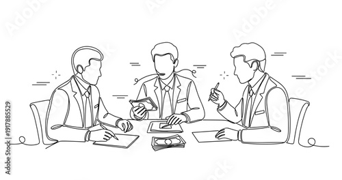 Three male executives discussing documents at business meeting. None editable stroke