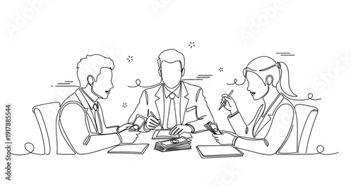Business meeting with three professionals discussing documents and strategy. None editable stroke