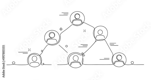 Abstract organizational chart with connected people icons in geometric structure. None editable stroke