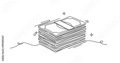 Stack of money sketch with floating banknotes and decorative stars. None editable stroke